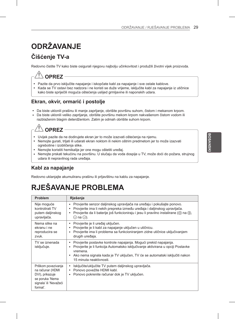 Održavanje, Rješavanje problema, Čišćenje tv-a | Oprez, Ekran, okvir, ormarić i postolje, Kabl za napajanje | LG 65LA965V User Manual | Page 488 / 559