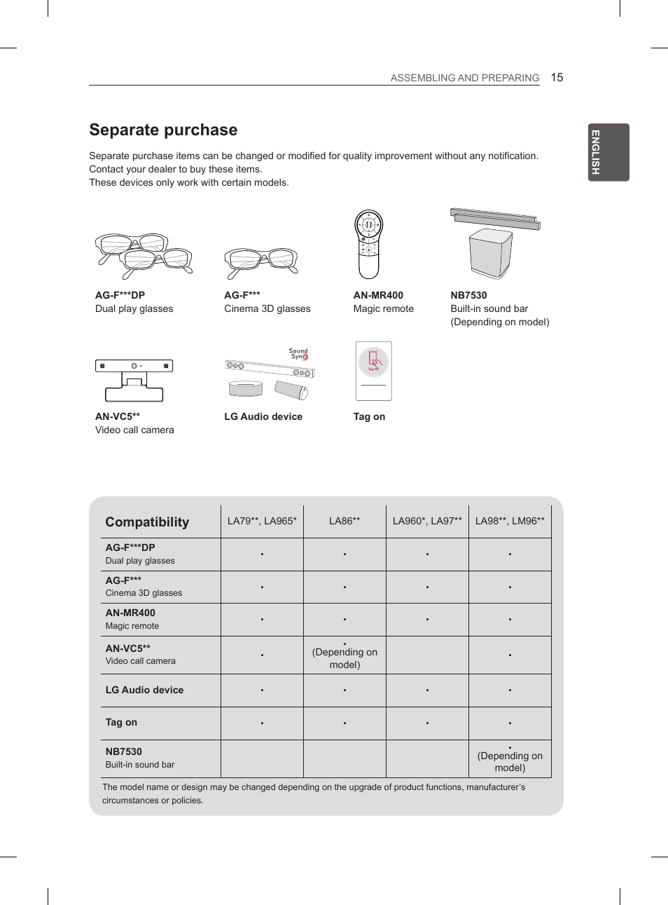 Separate purchase, Compatibility | LG 65LA965V User Manual | Page 84 / 559