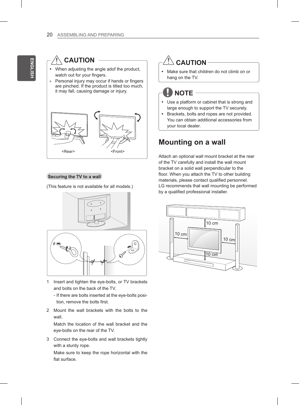 Mounting on a wall, Caution | LG 65LA965V User Manual | Page 89 / 559