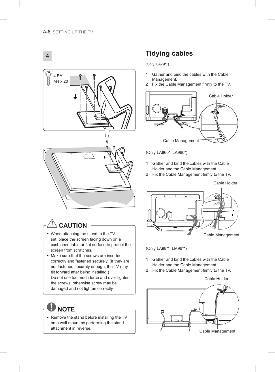 Tidying cables, Caution | LG 65LA965V User Manual | Page 9 / 559