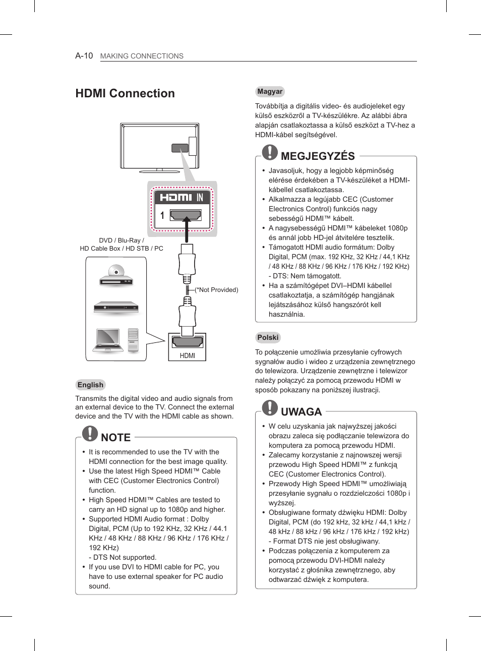 Hdmi connection, Megjegyzés, Uwaga | LG 42LN5400 User Manual | Page 10 / 441