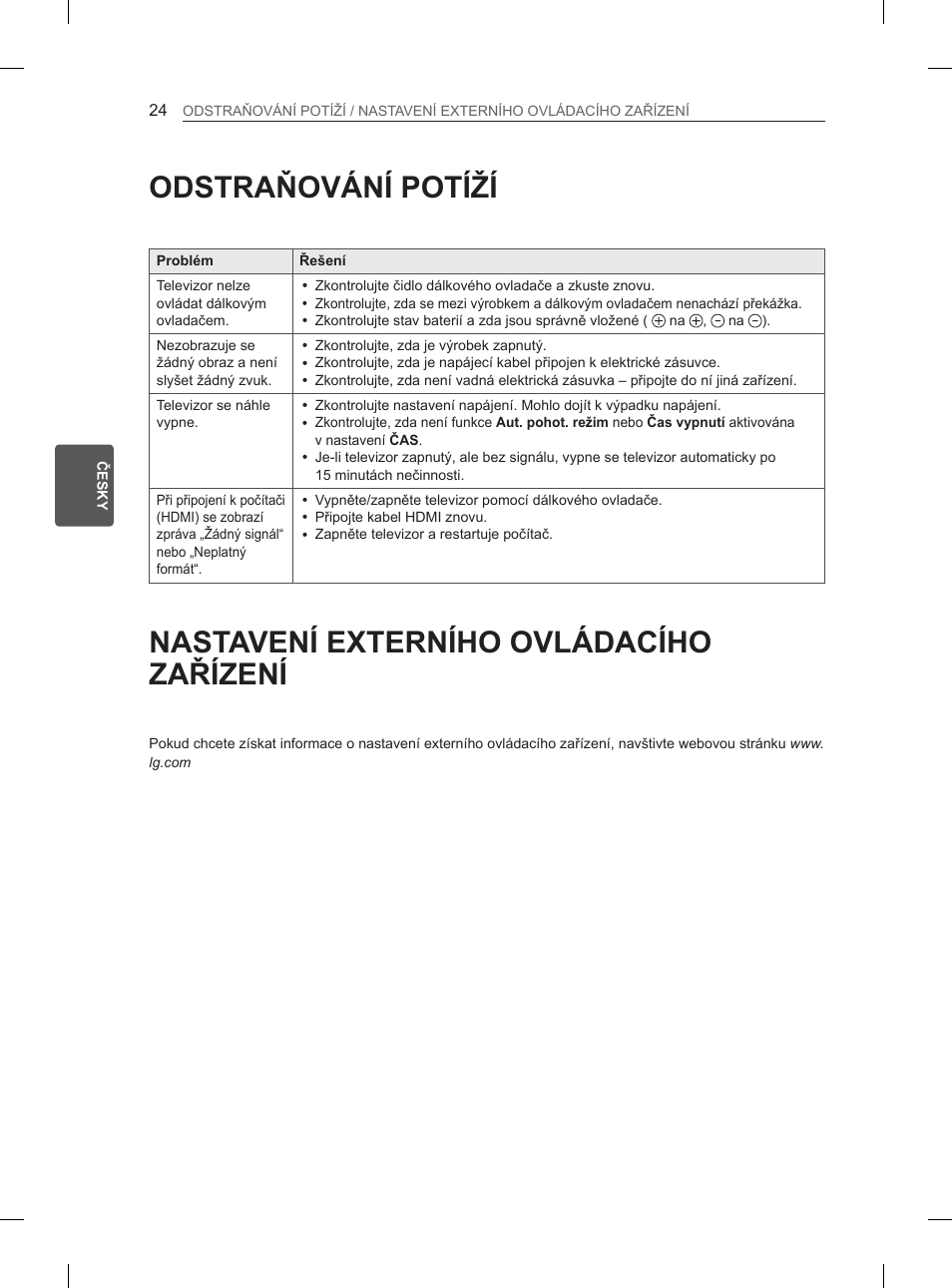 Odstraňování potíží, Nastavení externího ovládacího zařízení | LG 42LN5400 User Manual | Page 144 / 441