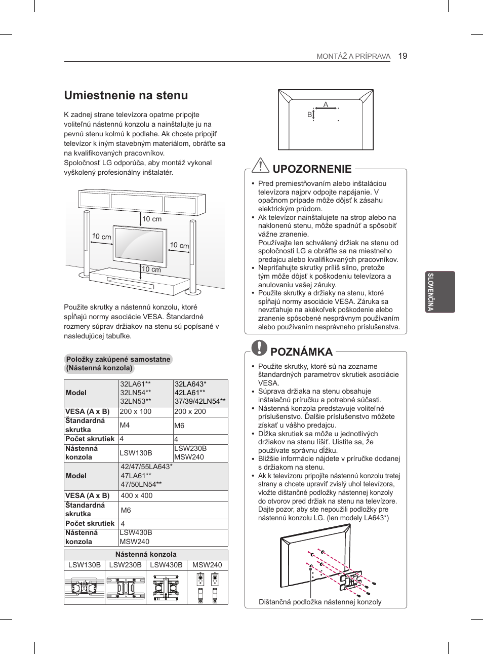 Umiestnenie na stenu, Upozornenie, Poznámka | LG 42LN5400 User Manual | Page 163 / 441