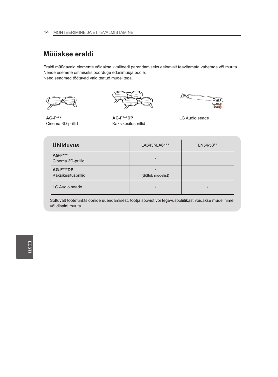 Müüakse eraldi, Ühilduvus | LG 42LN5400 User Manual | Page 230 / 441