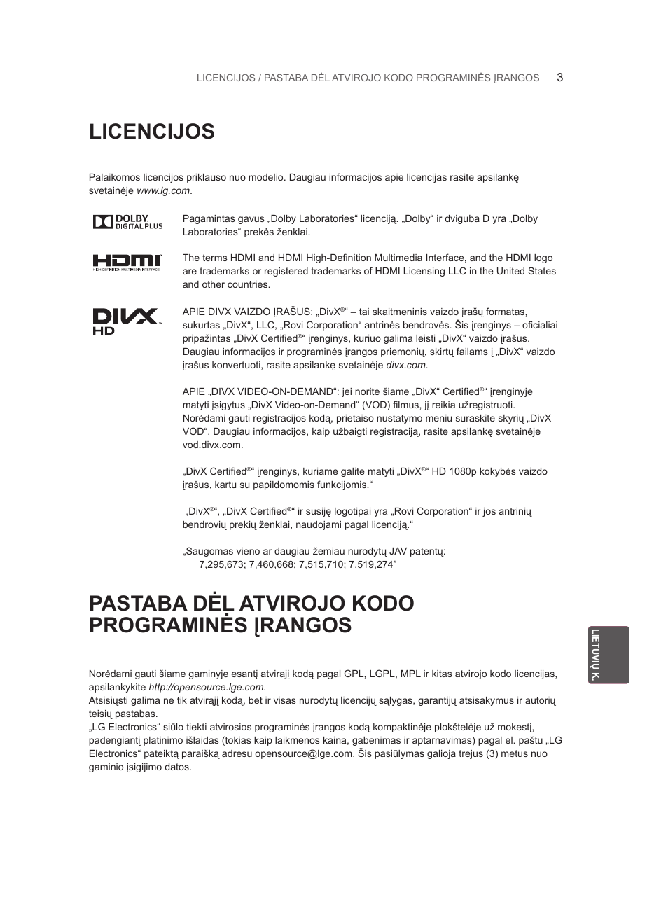 Licencijos, Pastaba dėl atvirojo kodo programinės įrangos | LG 42LN5400 User Manual | Page 243 / 441