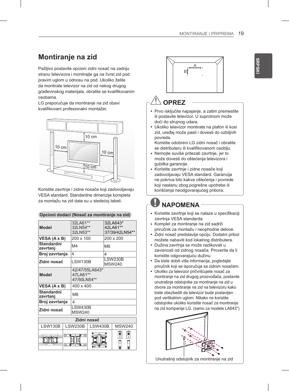 Montiranje na zid, Oprez, Napomena | LG 42LN5400 User Manual | Page 307 / 441