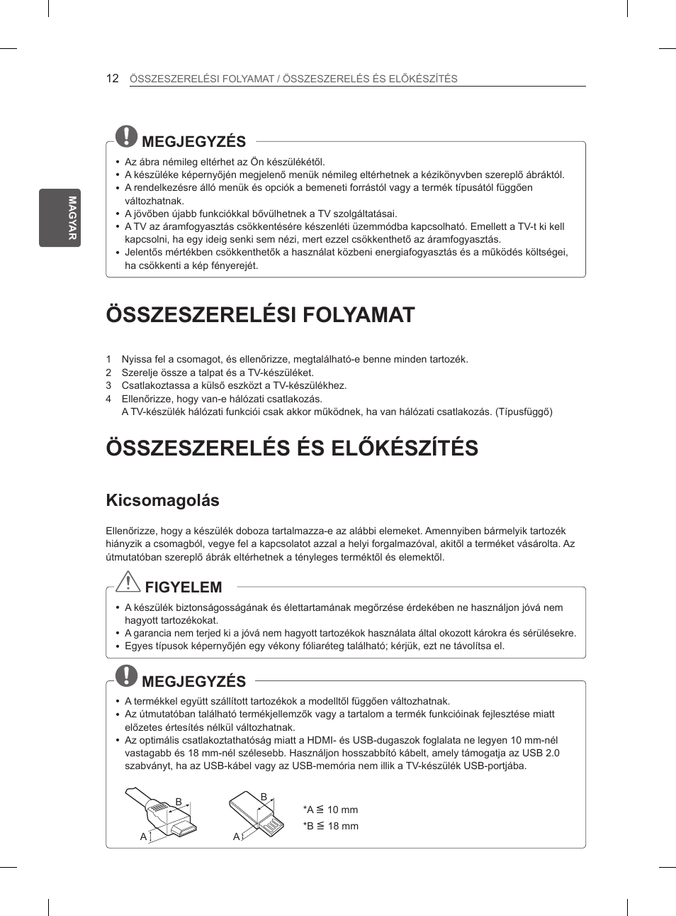 Összeszerelési folyamat, Összeszerelés és előkészítés, Kicsomagolás | Megjegyzés, Figyelem | LG 42LN5400 User Manual | Page 84 / 441