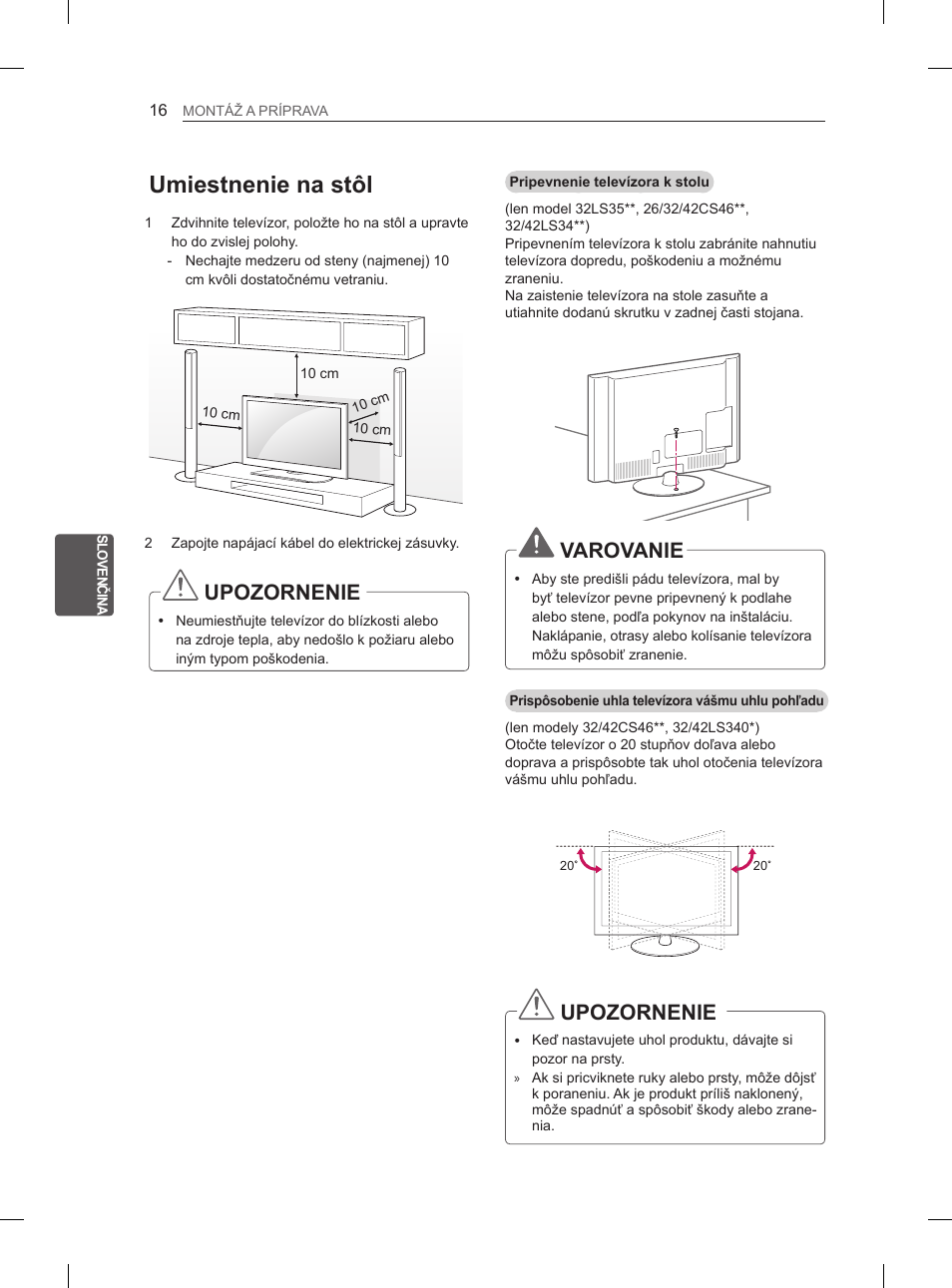 Umiestnenie na stôl, Upozornenie, Varovanie | LG 42CS460 User Manual | Page 112 / 396