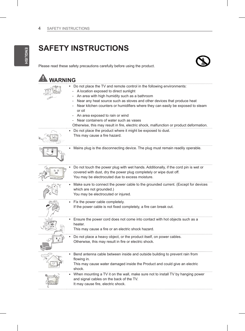 Safety instructions, Warning | LG 42CS460 User Manual | Page 12 / 396