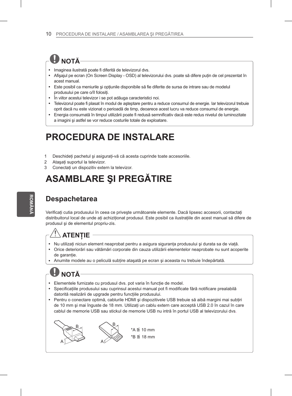 Procedura de instalare, Asamblare şi pregătire, Despachetarea | Notă, Atenţie | LG 42CS460 User Manual | Page 128 / 396