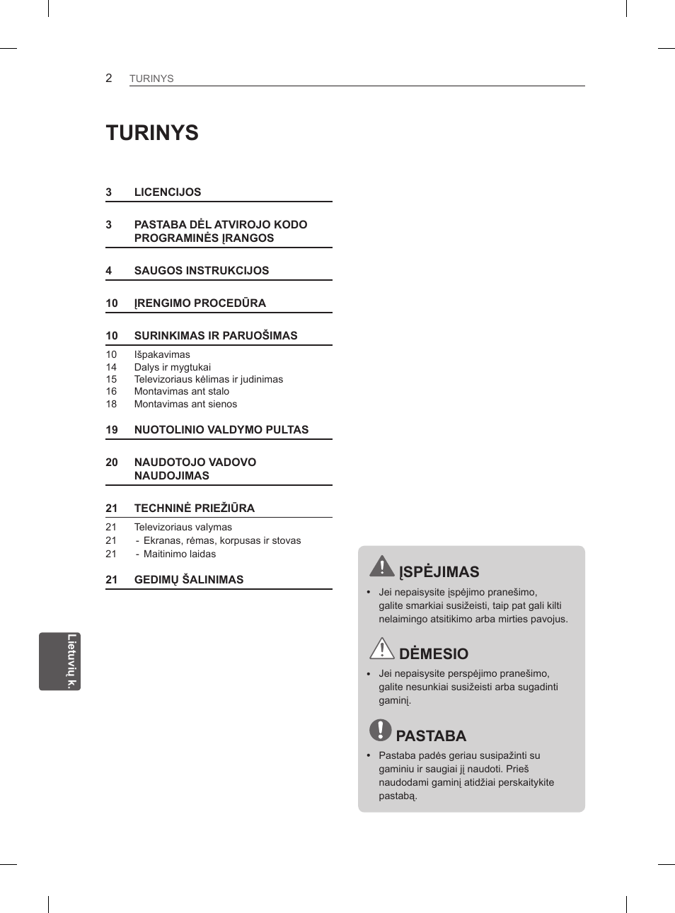 Turinys, Įspėjimas, Dėmesio | Pastaba | LG 42CS460 User Manual | Page 186 / 396