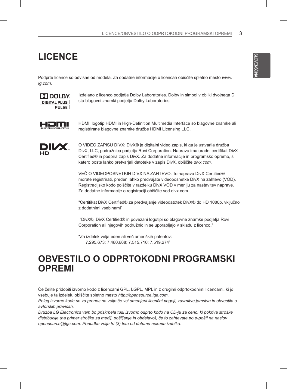 Licence, Obvestilo o odprtokodni programski opremi | LG 42CS460 User Manual | Page 231 / 396