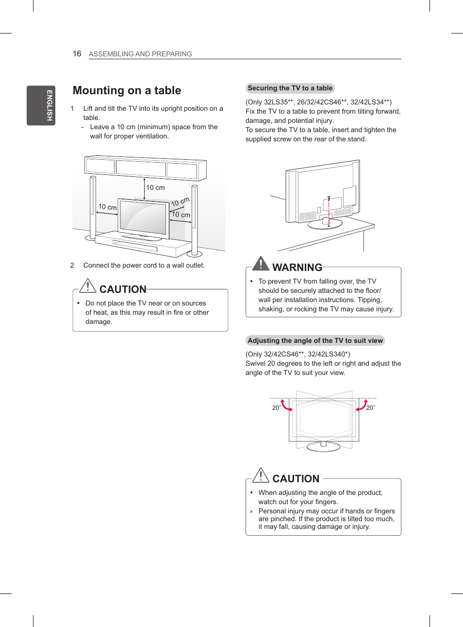 Mounting on a table, Caution, Warning | LG 42CS460 User Manual | Page 24 / 396