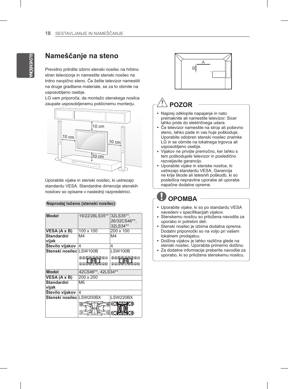 Nameščanje na steno, Pozor, Opomba | LG 42CS460 User Manual | Page 246 / 396