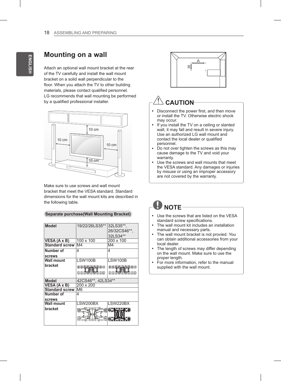 Mounting on a wall, Caution | LG 42CS460 User Manual | Page 26 / 396