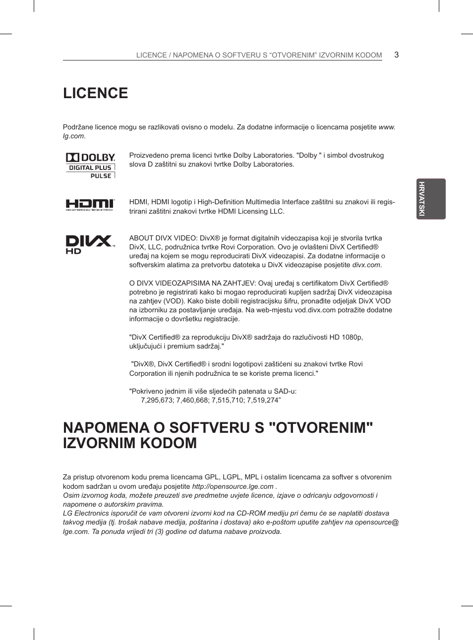 Licence, Napomena o softveru s "otvorenim" izvornim kodom | LG 42CS460 User Manual | Page 275 / 396