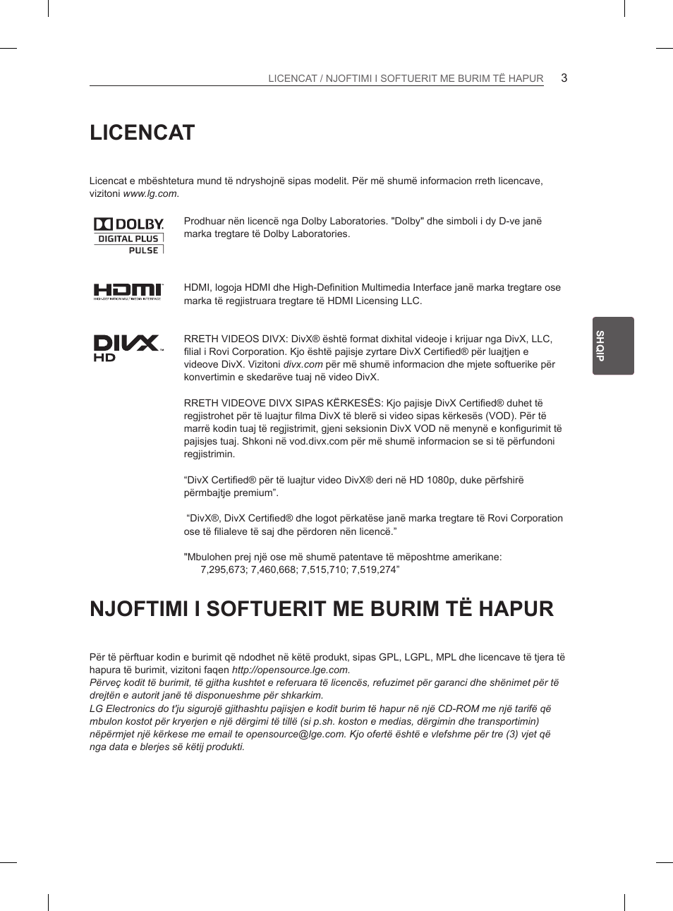 Licencat, Njoftimi i softuerit me burim të hapur | LG 42CS460 User Manual | Page 297 / 396
