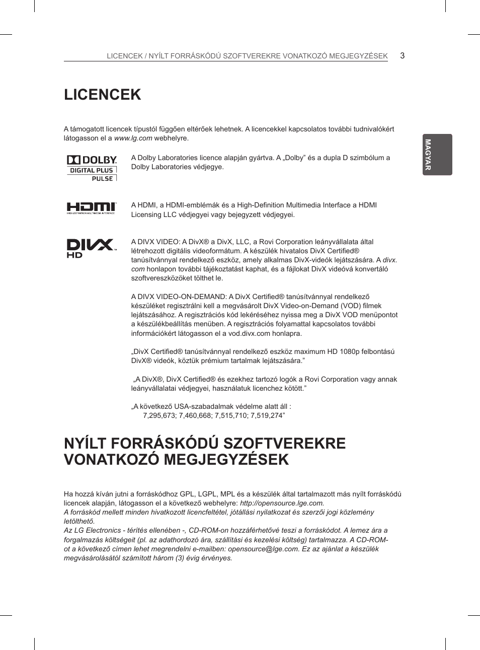 Licencek | LG 42CS460 User Manual | Page 33 / 396