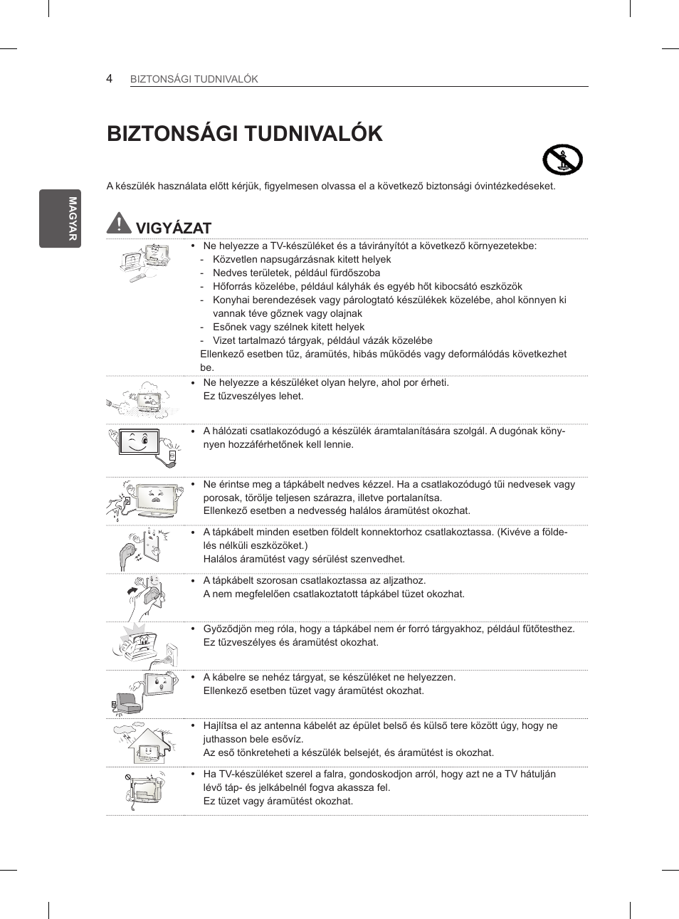 Biztonsági tudnivalók, Vigyázat | LG 42CS460 User Manual | Page 34 / 396