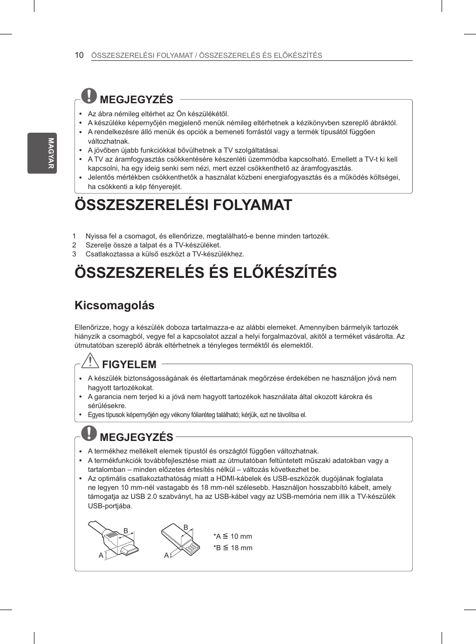 Összeszerelési folyamat, Összeszerelés és előkészítés, Kicsomagolás | Megjegyzés, Figyelem | LG 42CS460 User Manual | Page 40 / 396