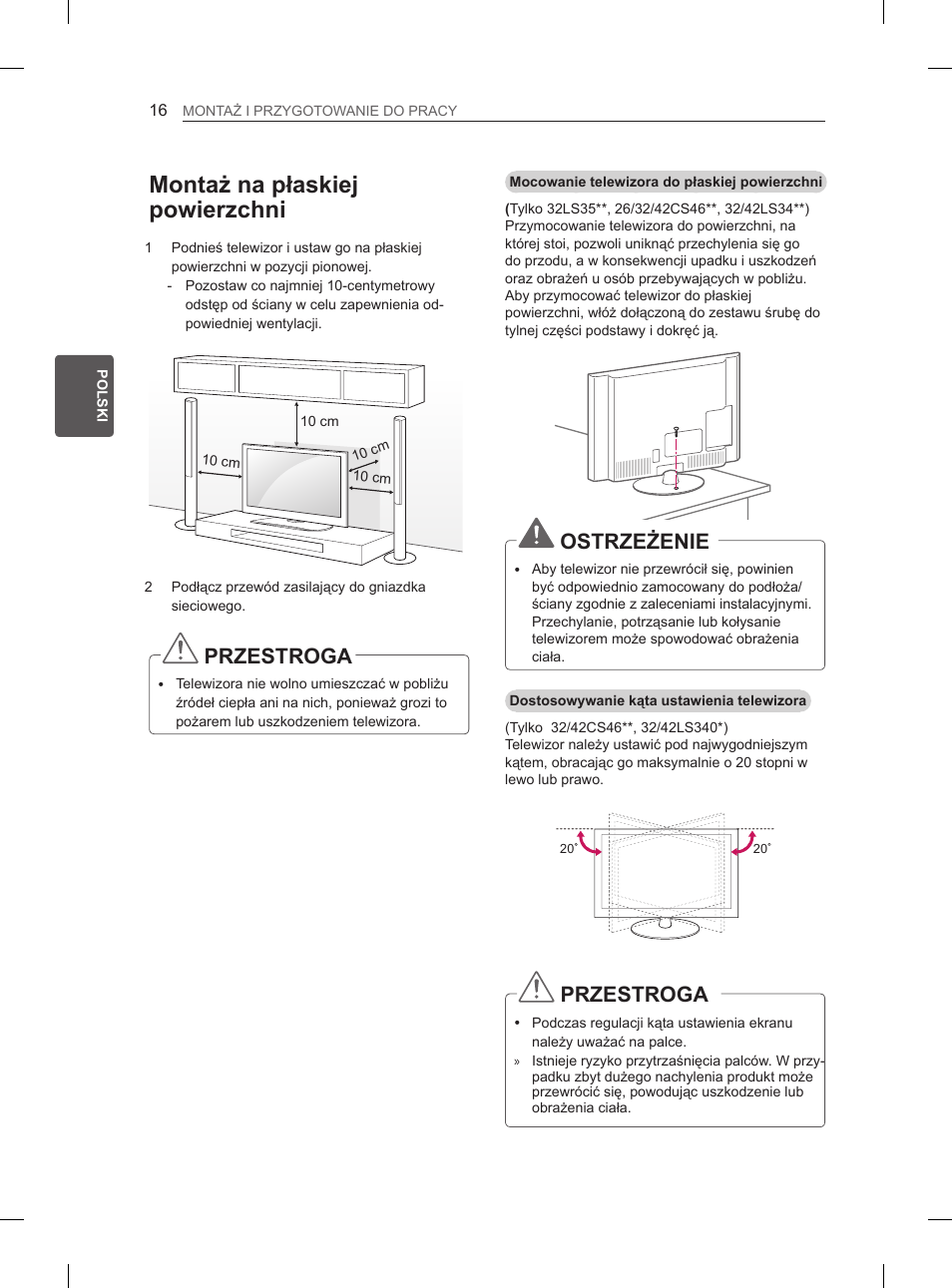 Montaż na płaskiej powierzchni, Przestroga, Ostrzeżenie | LG 42CS460 User Manual | Page 68 / 396