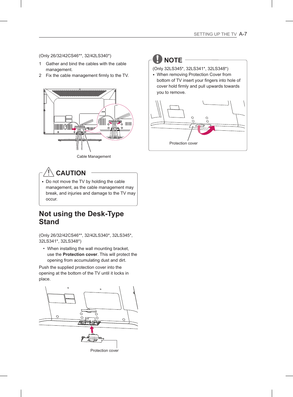 Not using the desk-type stand, Caution | LG 42CS460 User Manual | Page 7 / 396