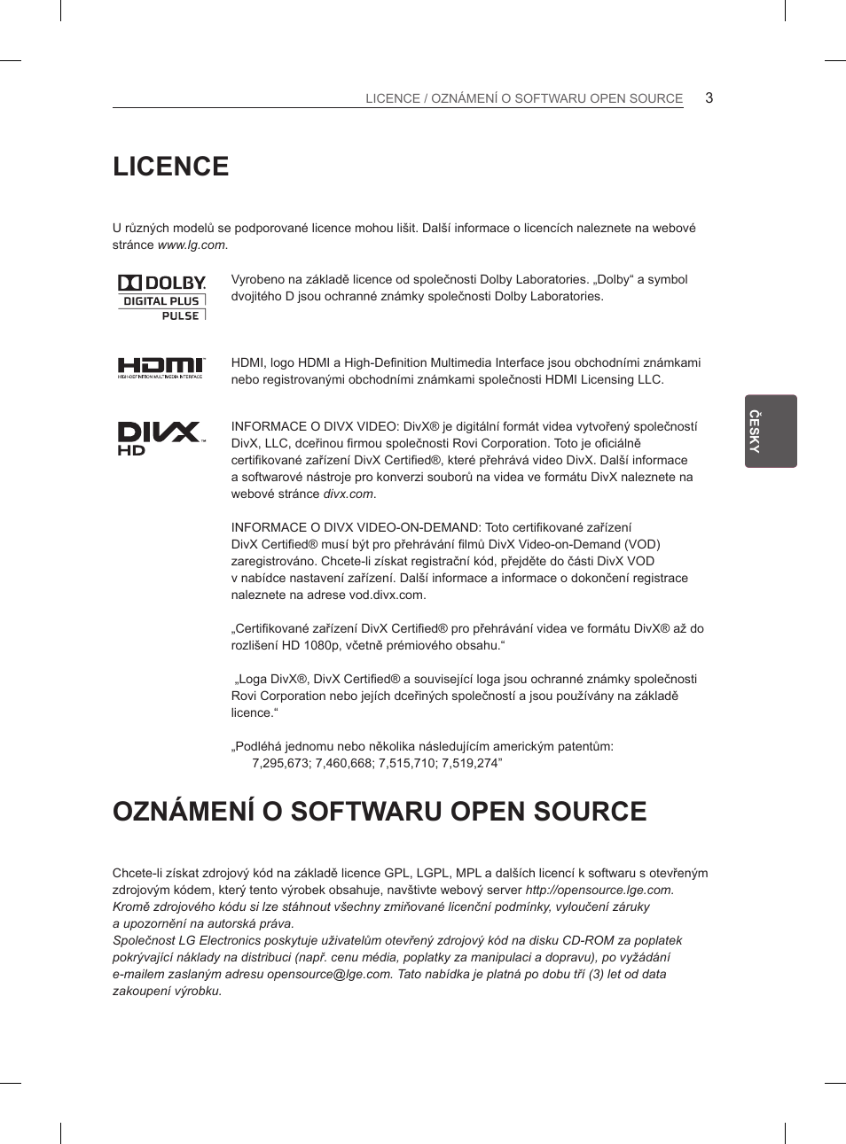 Licence, Oznámení o softwaru open source | LG 42CS460 User Manual | Page 77 / 396