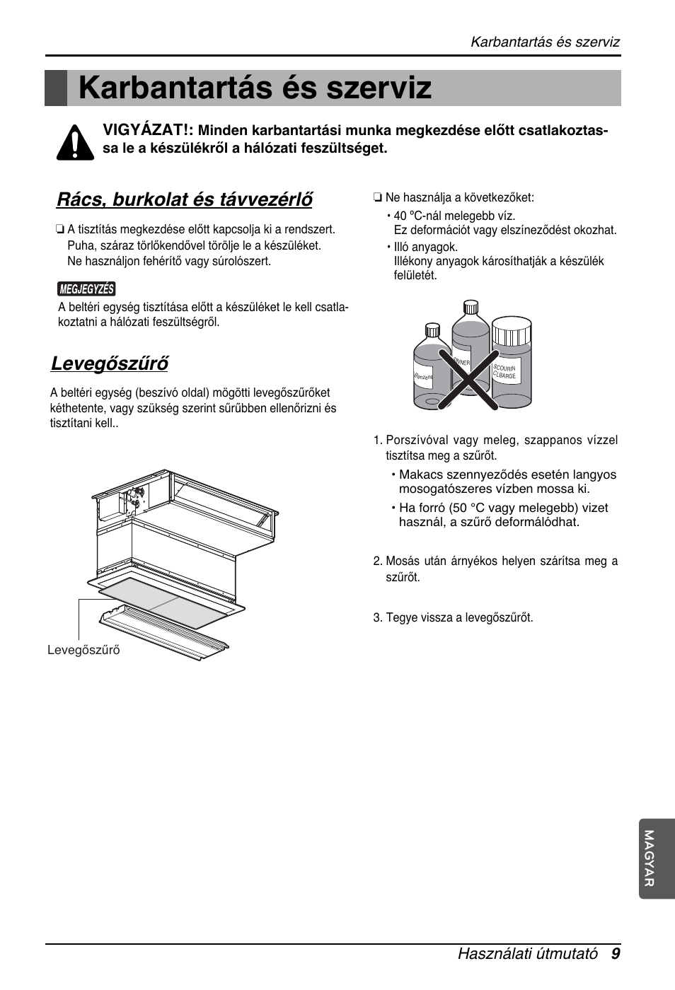 Karbantartás és szerviz, Rács, burkolat és távvezérlő, Levegőszűrő | Használati útmutató 9, Vigyázat | LG ARNU07GB3G2 User Manual | Page 105 / 193