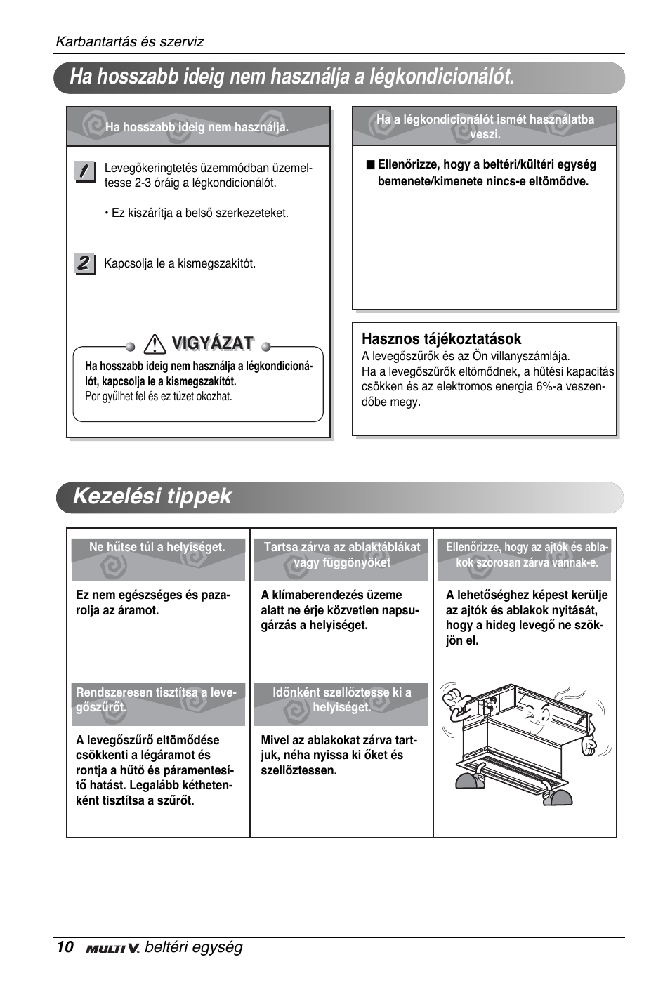 Ha hosszabb ideig nem használja a légkondicionálót, Kezelési tippek, Vigyázat | LG ARNU07GB3G2 User Manual | Page 106 / 193