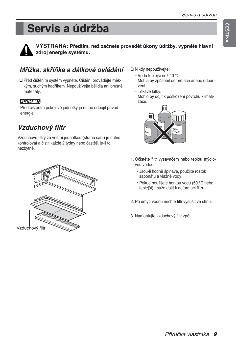 Servis a údržba, Mřížka, skříňka a dálkové ovládání, Vzduchový filtr | LG ARNU07GB3G2 User Manual | Page 117 / 193