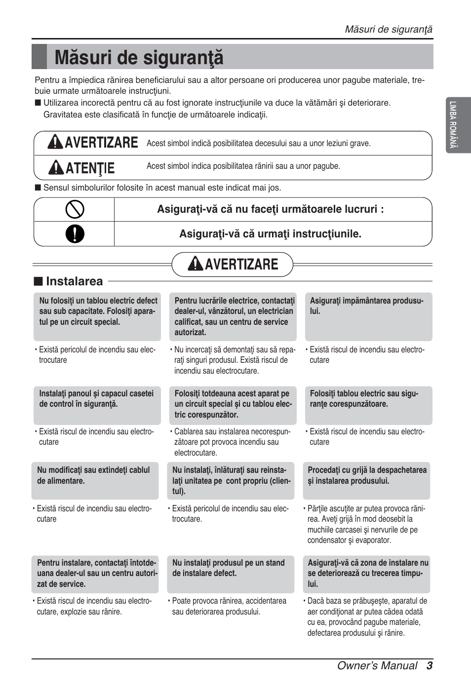 Măsuri de siguranţă, Instalarea, Owner’s manual 3 | LG ARNU07GB3G2 User Manual | Page 123 / 193