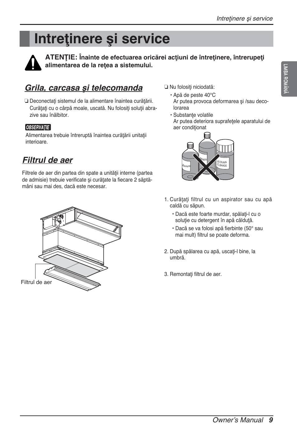 Intreţinere şi service, Grila, carcasa şi telecomanda, Filtrul de aer | Owner’s manual 9, Atenţie | LG ARNU07GB3G2 User Manual | Page 129 / 193