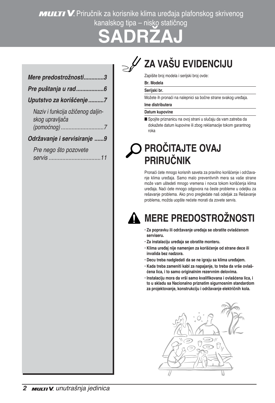 Sadržaj, Za vašu evidenciju, Pročitajte ovaj priručnik | Mere predostrožnosti | LG ARNU07GB3G2 User Manual | Page 146 / 193