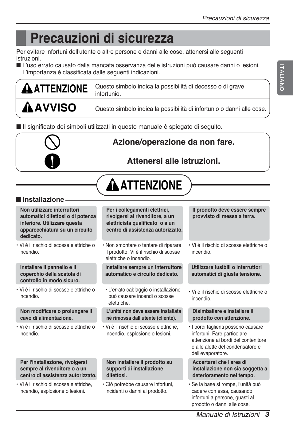 Precauzioni di sicurezza, Attenzione, Attenzione avviso | LG ARNU07GB3G2 User Manual | Page 15 / 193