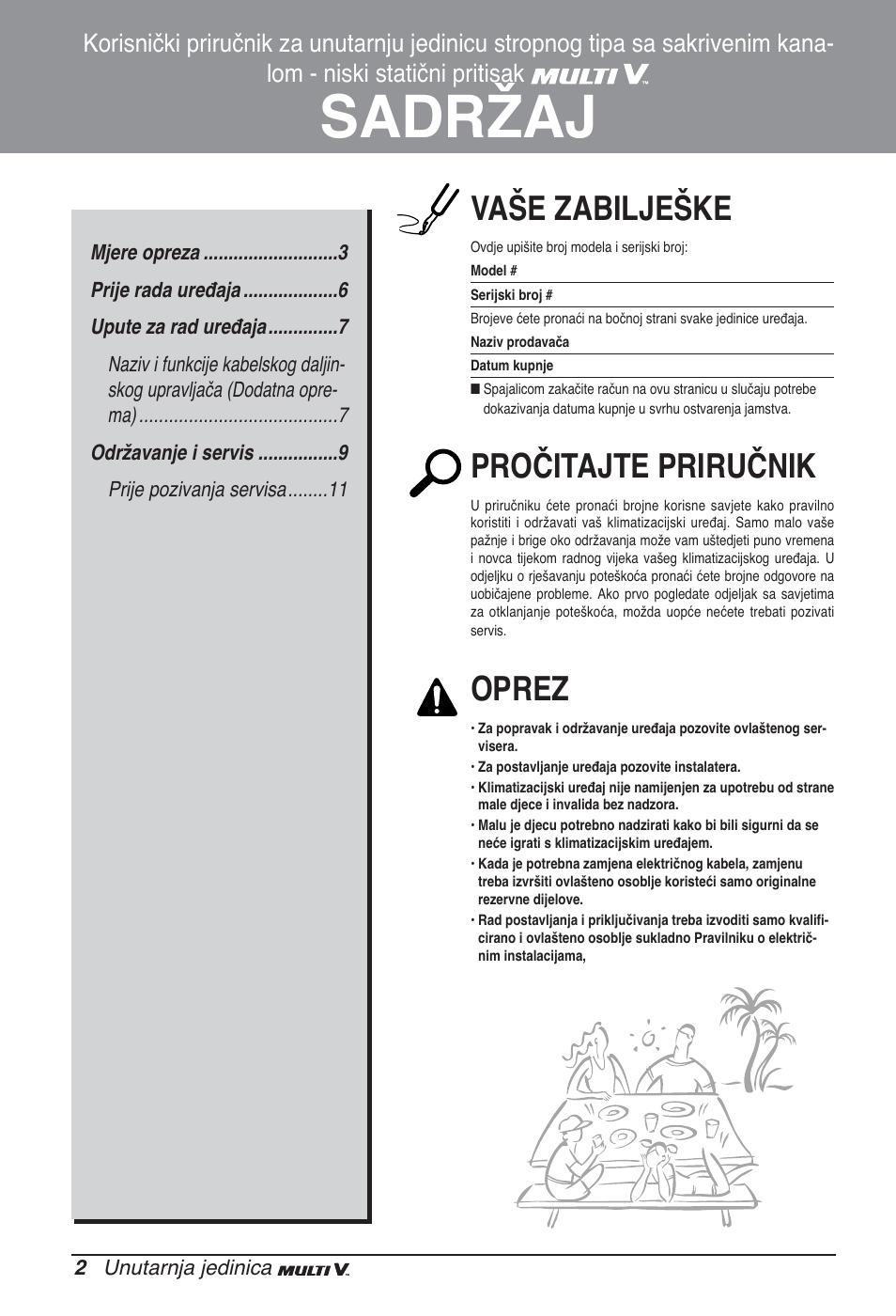 Sadržaj, Vaše zabilješke, Pročitajte priručnik | Oprez | LG ARNU07GB3G2 User Manual | Page 158 / 193