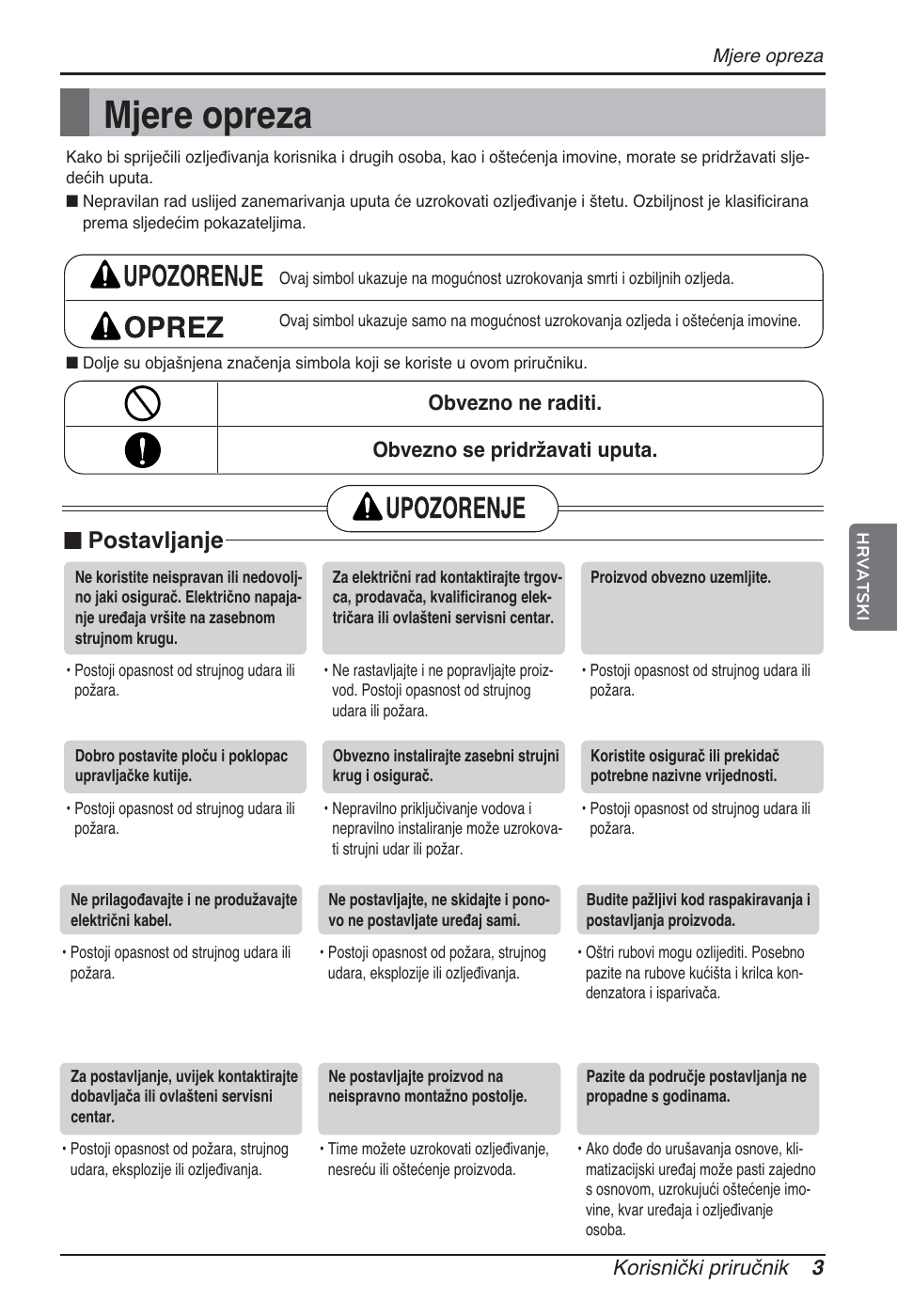 Mjere opreza, Postavljanje, Korisnički priručnik 3 | Obvezno ne raditi. obvezno se pridržavati uputa | LG ARNU07GB3G2 User Manual | Page 159 / 193