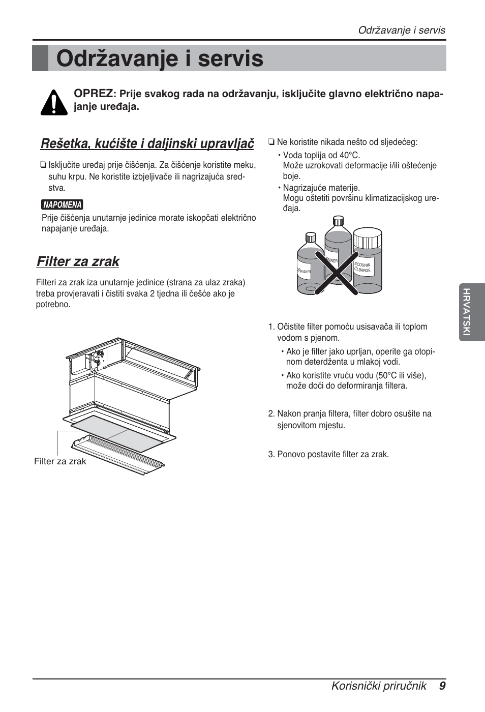 Održavanje i servis, Rešetka, kućište i daljinski upravljač, Filter za zrak | Oprez, Korisnički priručnik 9 | LG ARNU07GB3G2 User Manual | Page 165 / 193