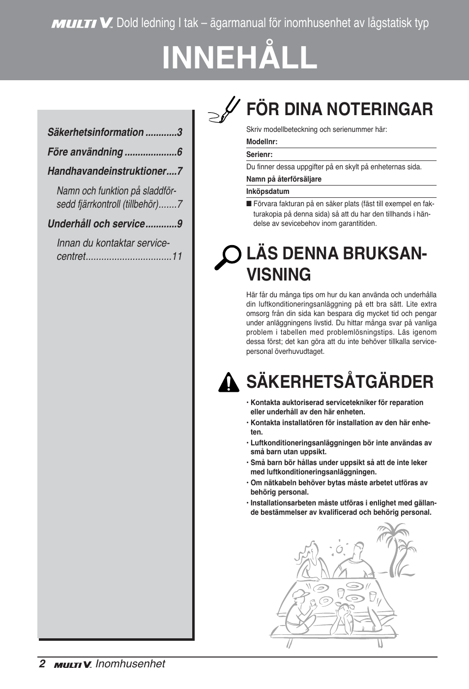 Innehåll, Läs denna bruksan- visning, Säkerhetsåtgärder | LG ARNU07GB3G2 User Manual | Page 170 / 193