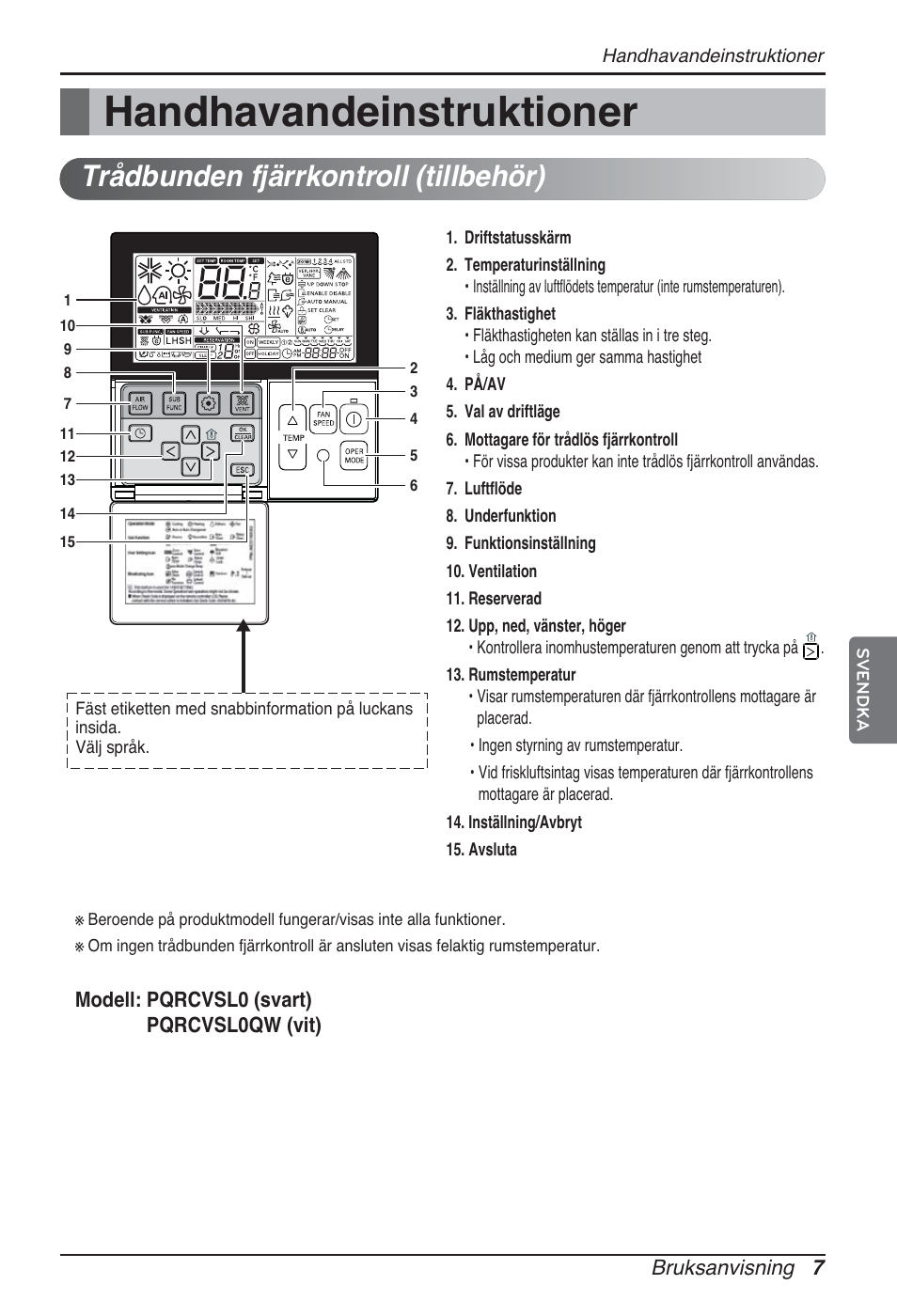 Handhavandeinstruktioner, Trådbunden fjärrkontroll (tillbehör) | LG ARNU07GB3G2 User Manual | Page 175 / 193