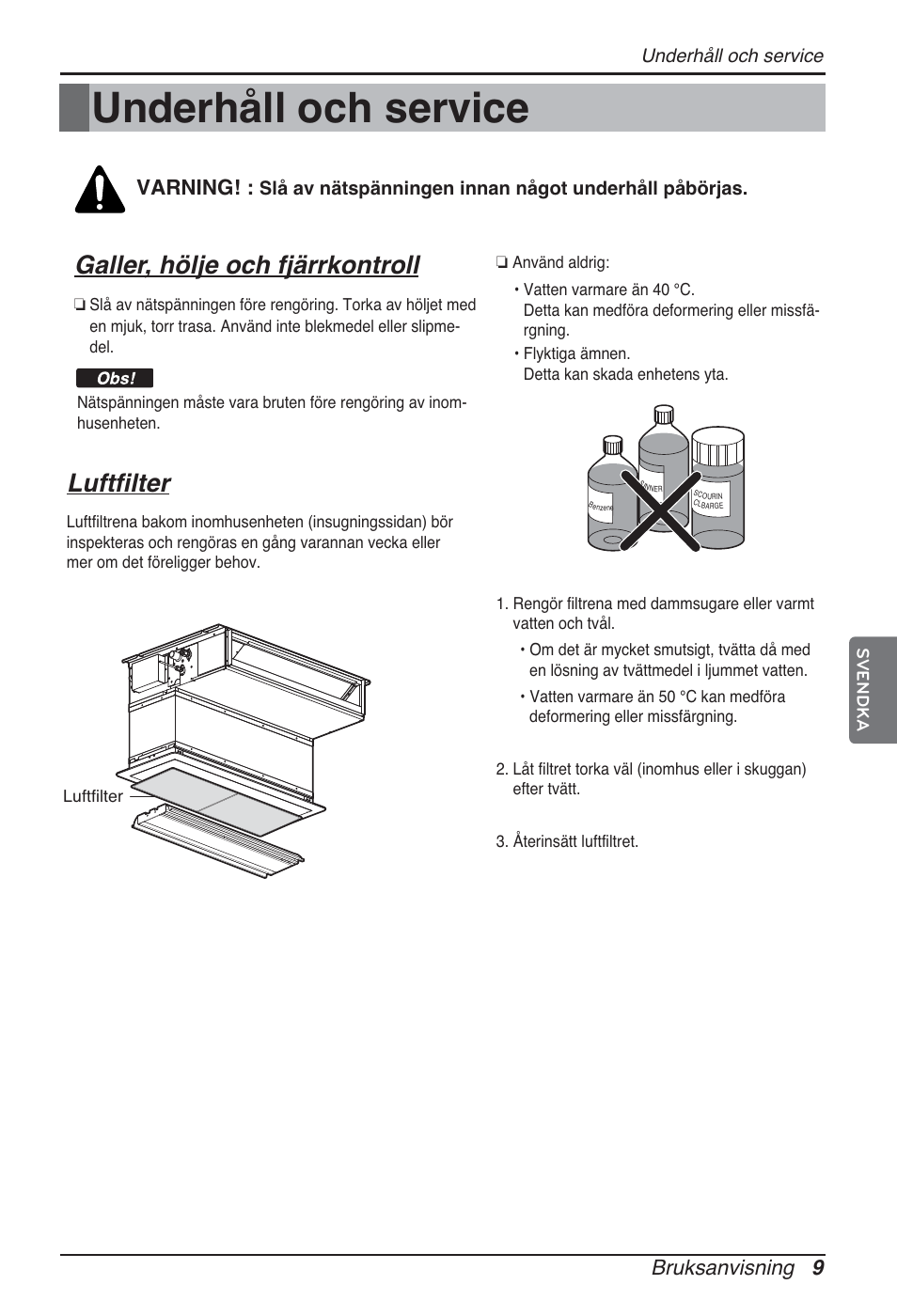 Underhåll och service, Galler, hölje och fjärrkontroll, Luftfilter | Bruksanvisning 9, Varning | LG ARNU07GB3G2 User Manual | Page 177 / 193