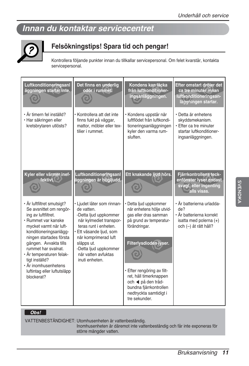 Innan du kontaktar servicecentret, Felsökningstips! spara tid och pengar, Bruksanvisning 11 | LG ARNU07GB3G2 User Manual | Page 179 / 193