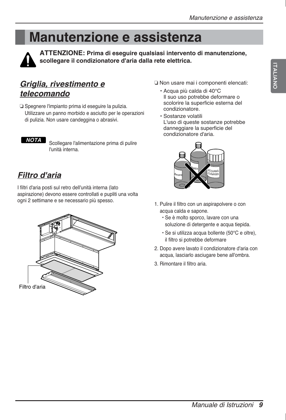 Manutenzione e assistenza, Griglia, rivestimento e telecomando, Filtro d'aria | Manuale di istruzioni 9, Attenzione | LG ARNU07GB3G2 User Manual | Page 21 / 193