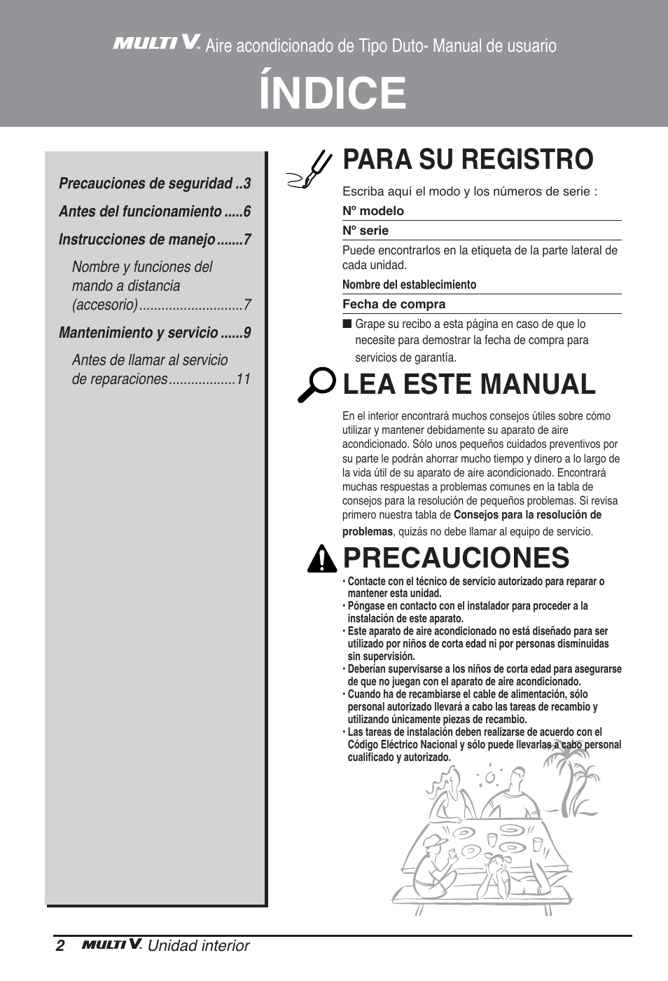 Índice, Para su registro, Lea este manual | Precauciones, Aire acondicionado de tipo duto- manual de usuario | LG ARNU07GB3G2 User Manual | Page 26 / 193