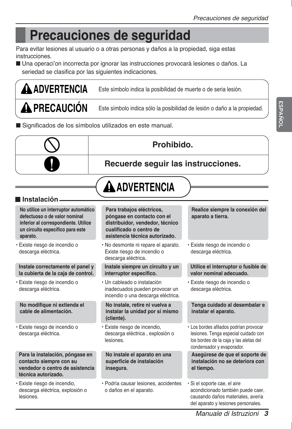 Precauciones de seguridad, Advertencia, Advertencia precaución | Prohibido. recuerde seguir las instrucciones | LG ARNU07GB3G2 User Manual | Page 27 / 193