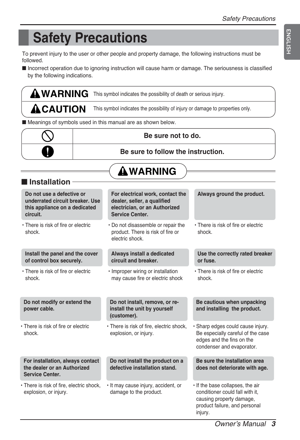 Safety precautions, Warning caution, Warning | Installation | LG ARNU07GB3G2 User Manual | Page 3 / 193