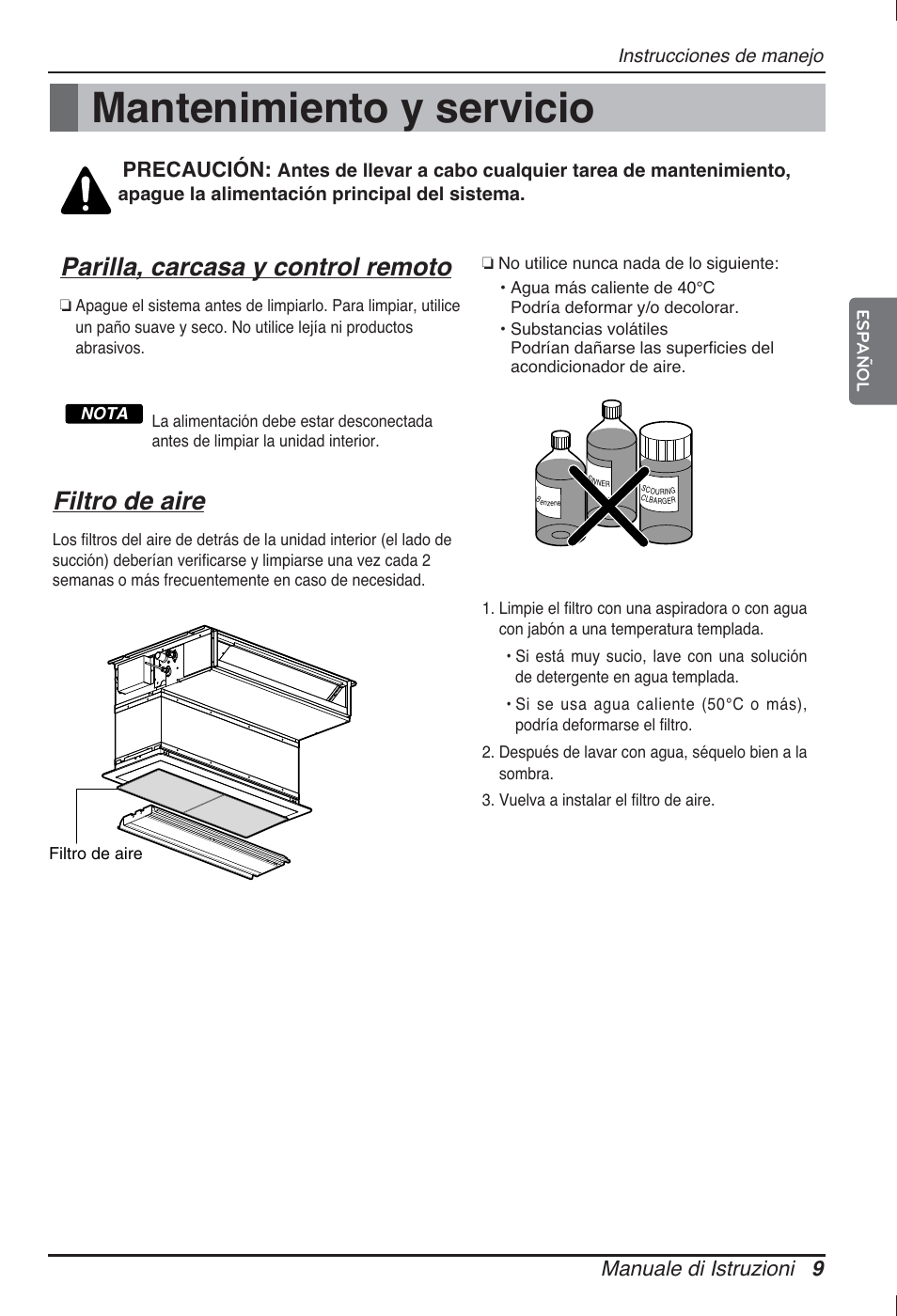 Mantenimiento y servicio, Parilla, carcasa y control remoto, Filtro de aire | Manuale di istruzioni 9, Precaución | LG ARNU07GB3G2 User Manual | Page 33 / 193