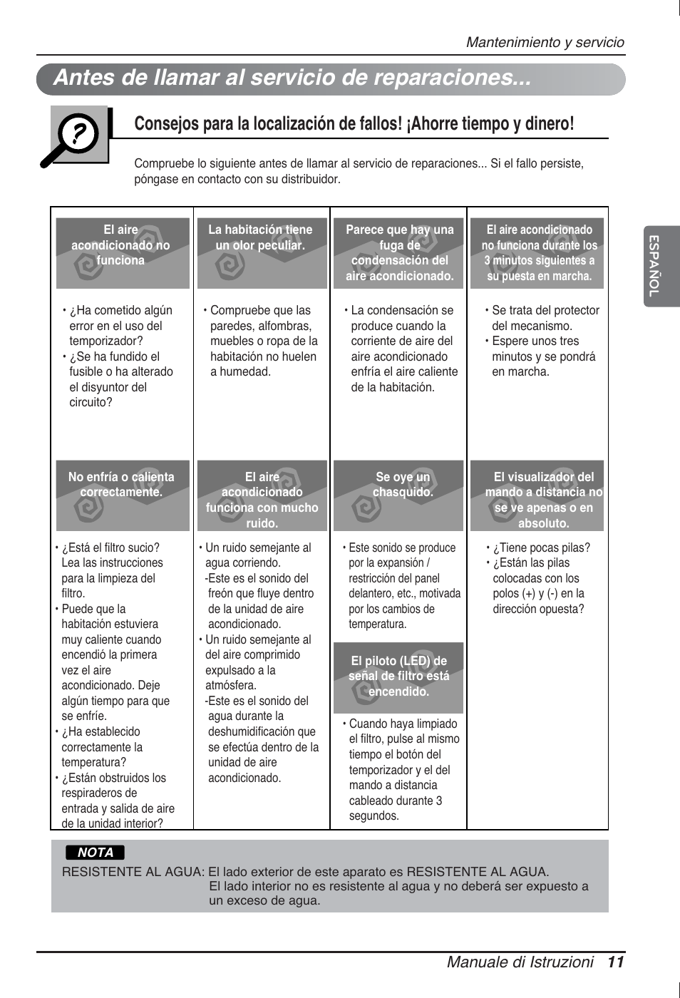 Antes de llamar al servicio de reparaciones, Manuale di istruzioni 11 | LG ARNU07GB3G2 User Manual | Page 35 / 193