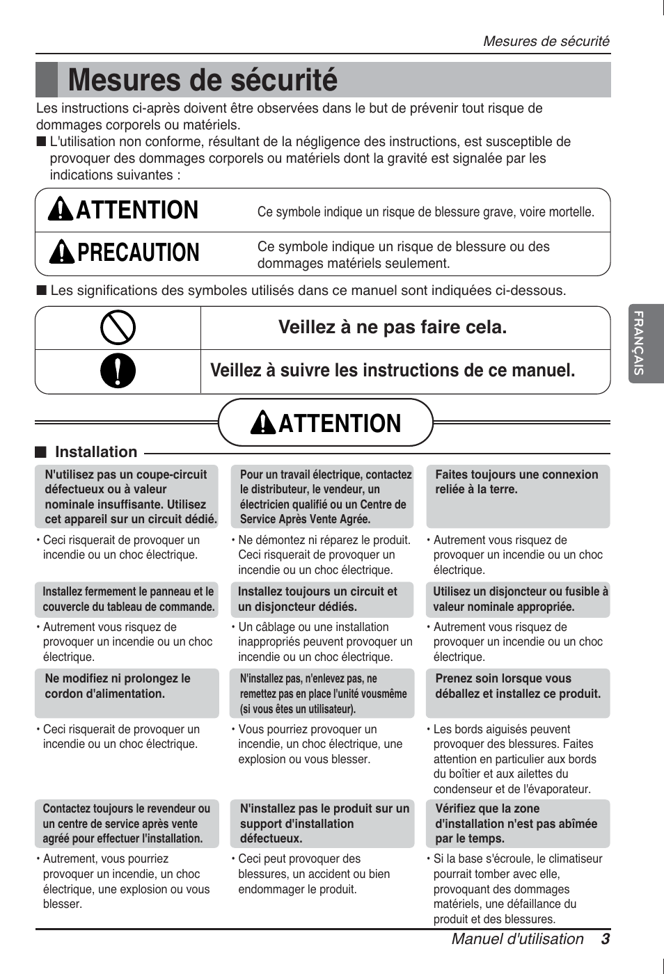 Mesures de sécurité, Attention precaution, Attention | LG ARNU07GB3G2 User Manual | Page 39 / 193