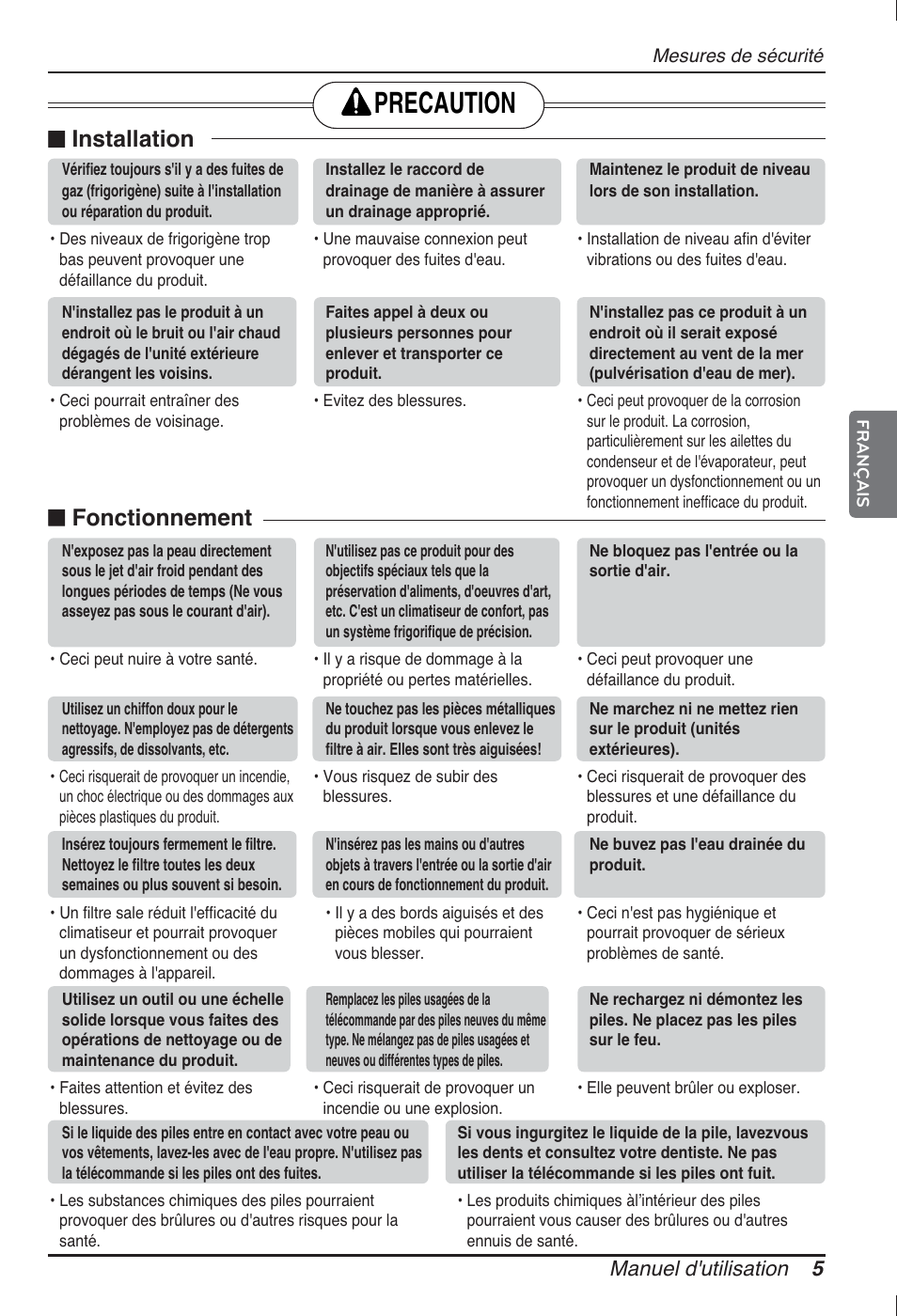 Precaution, Installation, Fonctionnement | Manuel d'utilisation 5 | LG ARNU07GB3G2 User Manual | Page 41 / 193