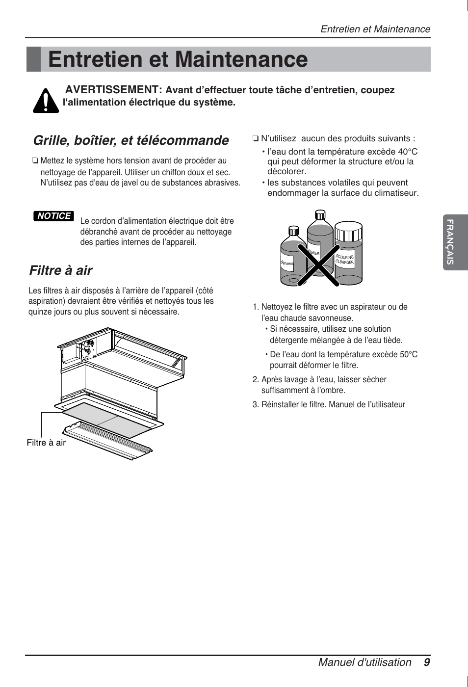 Entretien et maintenance, Grille, boîtier, et télécommande, Filtre à air | Manuel d'utilisation 9, Avertissement | LG ARNU07GB3G2 User Manual | Page 45 / 193